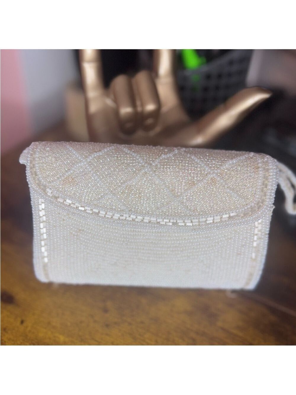Vintage tiny Beaded purse cream beaded crown snap Vintage Japan - Picture 6 of 15